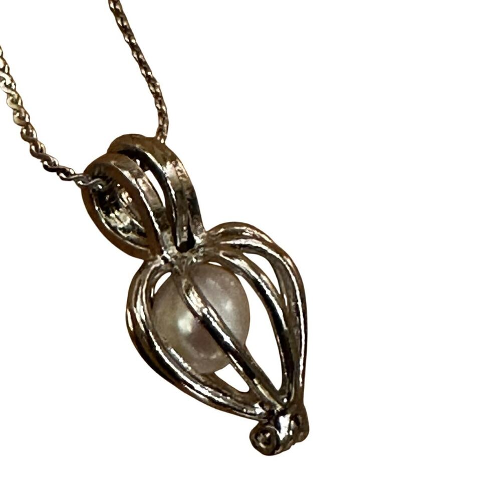 18kt White Gold Plated Real Pearl Heart Basket Locket Necklace Jewelry